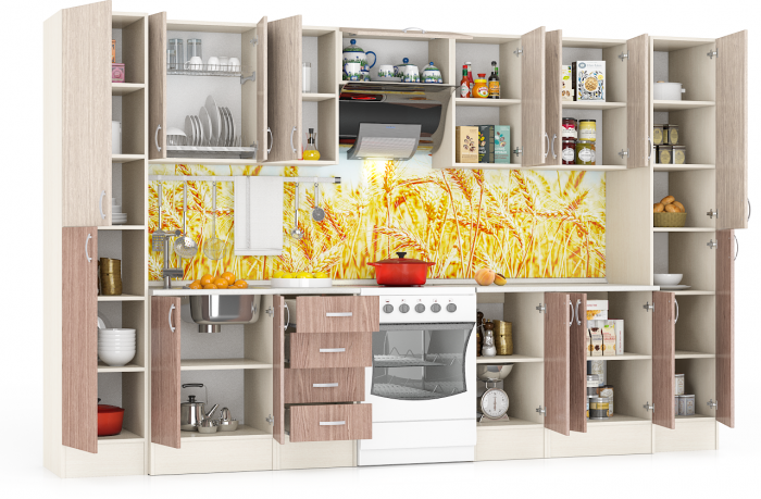 Кухня Мери 11 Пенал+ШВ600+ШВ400+ШВв600+ШВ400+ШВ600+Пенал+ШН600+ШН4Я400+ШН400+ШН600, дуб/ясень шимо светлый/тёмный