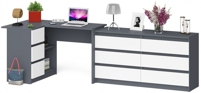 Мори компьютерный стол МС-16 левый + Комод МК1380.6, графит/белый