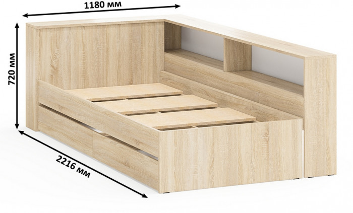 Ксения Кровать с ящиками 0900 + прикроватный блок + Столик с подсветкой 110, дуб сонома