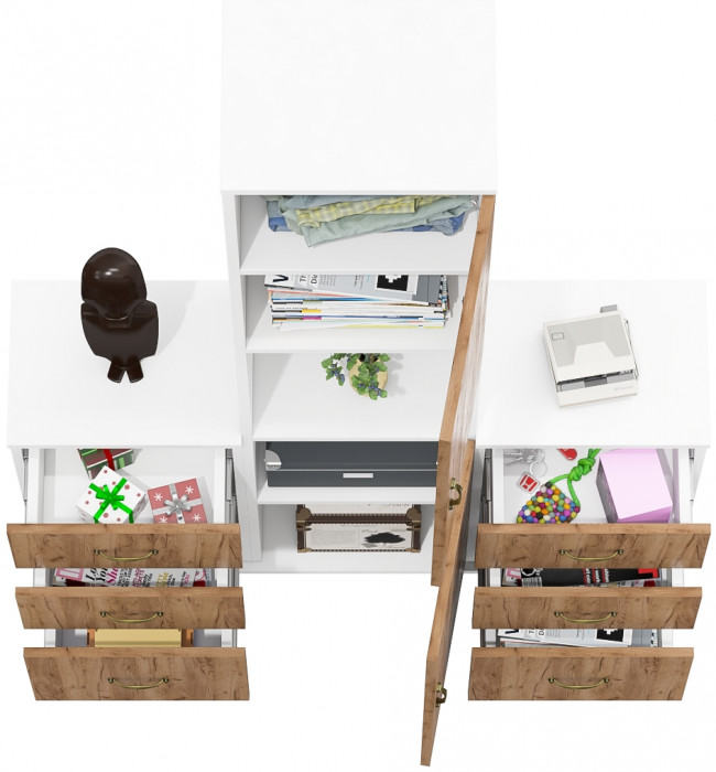 Лидер-8 Пенал + Тумба МД 3.16 + Тумба МД 3.16, белый шагрень/крафт золото