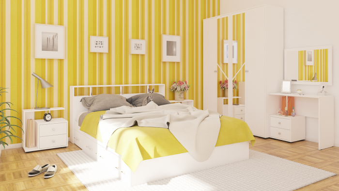 Камелия спальня № 9 Кровать с ящиками 1600 + Две тумбы + Стол косметич. + Зеркало + Шкаф 4-х, цвет белый, сп.м. 1600х2000 мм., б/м, осн. есть