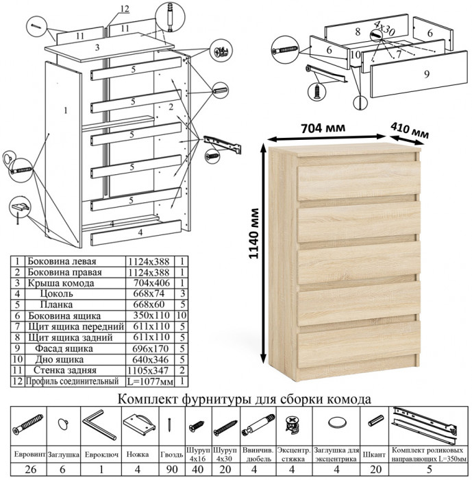 Мори Комод МК700.5, цвет дуб сонома, ШхГхВ 70,4х41х114 см.