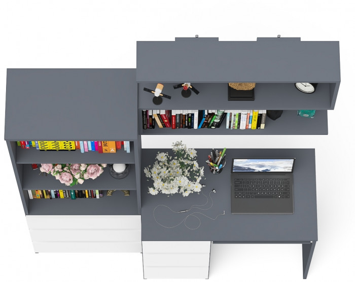 Мори компьютерный стол МС-6 левый + Стеллаж МСТ600.3 + Полка 900, графит/белый