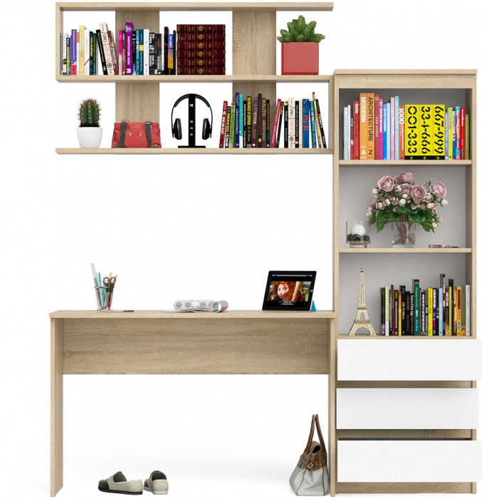 Мори письменный стол МСП1200.1 + Стеллаж МСТ600.3 + Полка 1200, дуб сонома/белый