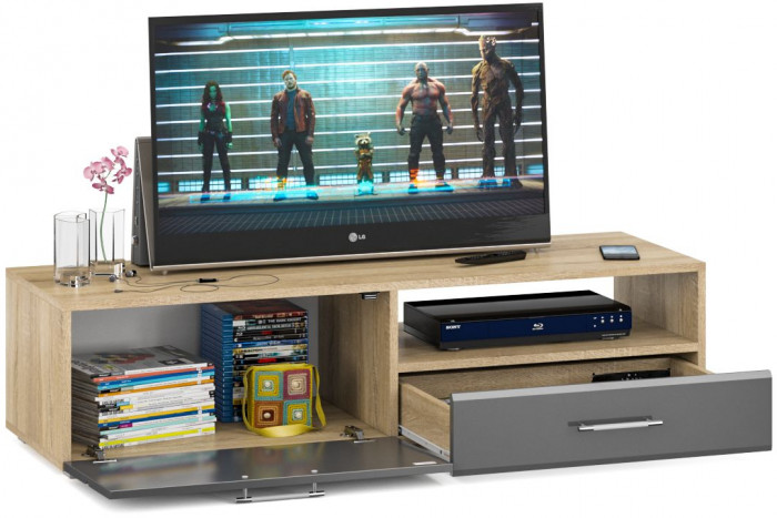 Тумба под ТВ Ларго 1, корпус дуб сонома/фасады МДФ графитово-серый глянец