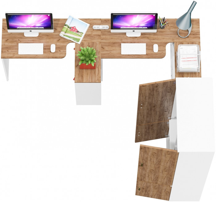 Лидер-8 Стол + Стол + Шкаф МД 20Б + Тумба МД 3.19, белый шагрень/крафт золото