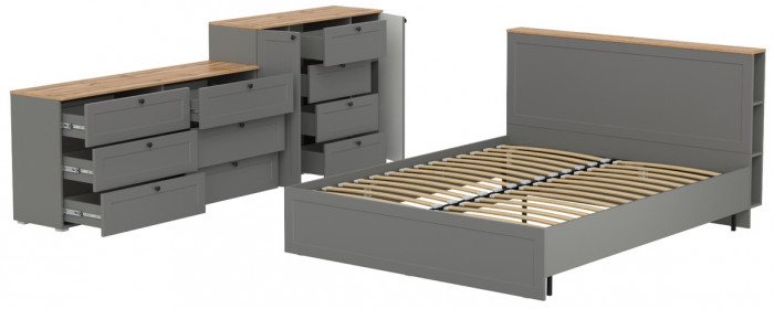 Остин 11.53 Кровать + ортопед + 16.240 Комод + 16.221 Комод, серый графит/дуб крафт золотой
