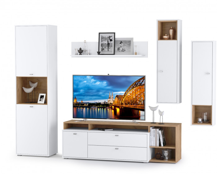 Бэль № 04, цвет дуб крафт золотой/белый премиум, ШхГхВ 300х43х200 см., ниша для ТВ 139х40х120 см., НЕ универсальная сборка