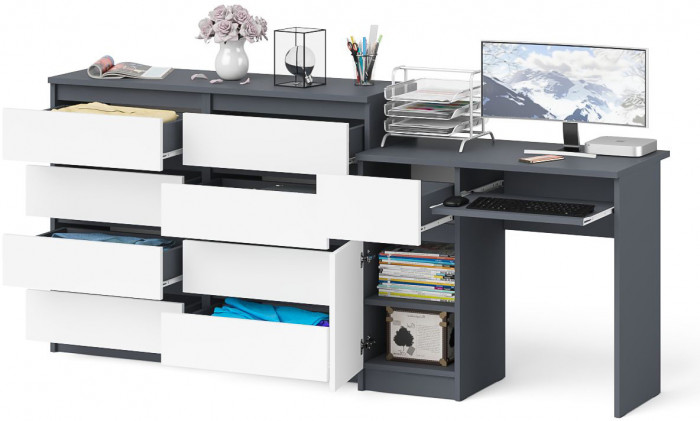 Мори компьютерный стол МС-1 левый + Комод МК1200.8, графит/белый