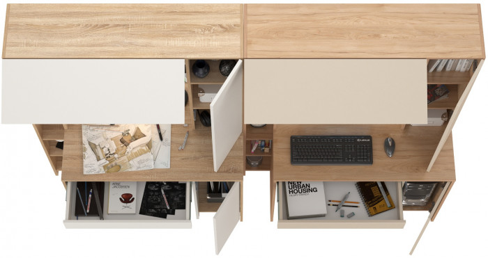 КР100 Два стола компьютерных Комфорт 12.71, цвет дуб сонома/белый/гикори рокфорд натуральный/сатин, ШхГхВ 233,4х60,2х165,4 см., НЕ универс. сборка