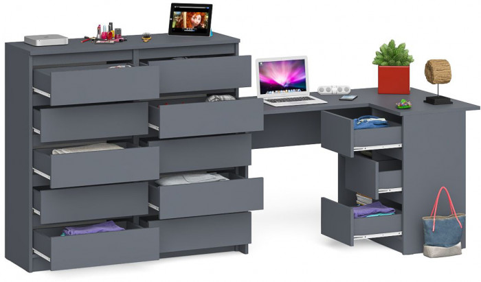 Мори компьютерный стол МС-16 правый + Комод МК1200.10, графит