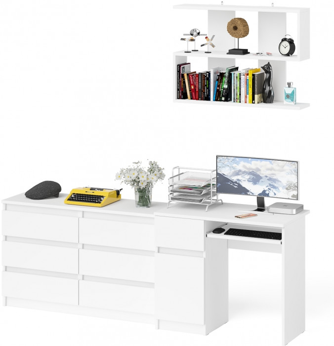 Мори Стол компьютерный МС-1 левый + Комод МК1200.6 + Полка 900, цвет белый, ШхГхВ 210,4х50х209,6 см., НЕ универсальная сборка