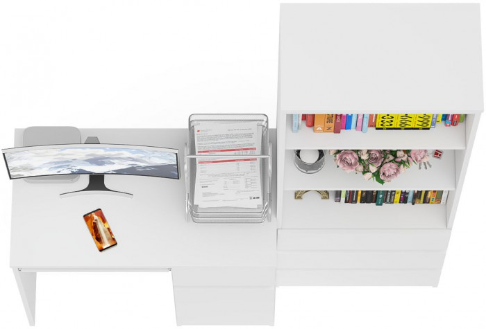 Мори Стол компьютерный МС-1 правый + Стеллаж МСТ600.3, цвет белый, ШхГхВ 150,4х50х179,6 см., выдвижной ящик справа, НЕ универсальная сборка