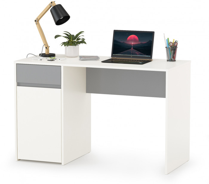 Торонто 12.149 Стол + 13.13 Шкаф комбинированный + 16.475 Полка, белый шагрень/стальной серый