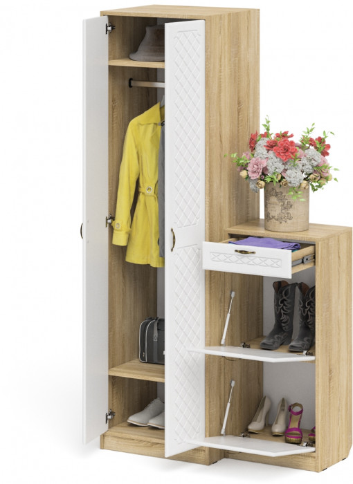 Прихожая П-6 Компоновка № 16, цвет дуб сонома/фасады МДФ белое дерево фрезеровка ромб, ШхГхВ 110х50х210 см., универсальная сборка
