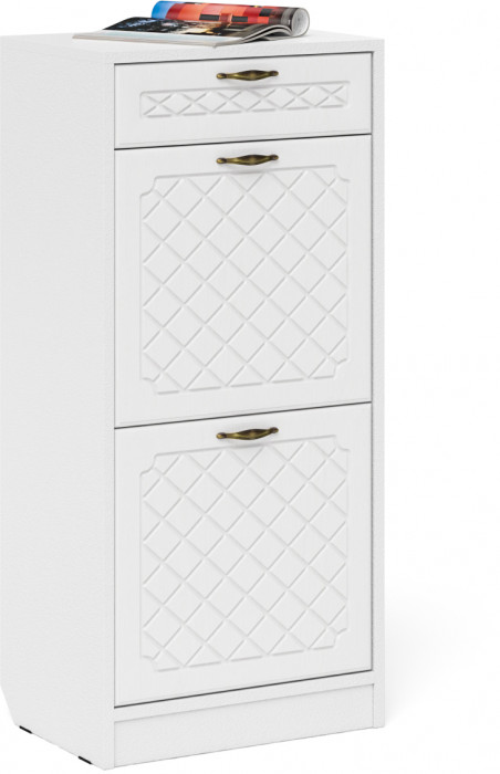 Прихожая П-6 Тумба для обуви 2 секции + Вешалка, цвет белая шагрень/фасады МДФ белое дерево фрезеровка ромб, ШхГхВ 50х35х210 см.