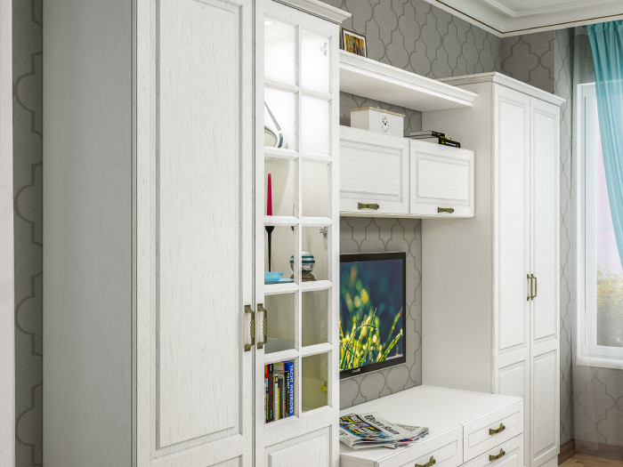 Ливерпуль Шкаф-витрина, ясень ваниль/белый