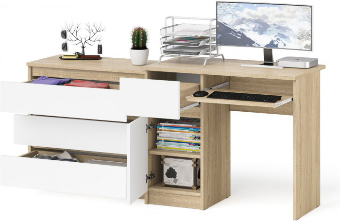 Мори компьютерный стол МС-1 левый + Комод МК800.1, дуб сонома/белый