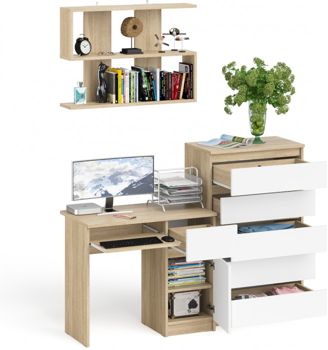 Мори компьютерный стол МС-1 правый + Комод МК700.5 + Полка 900, дуб сонома/белый