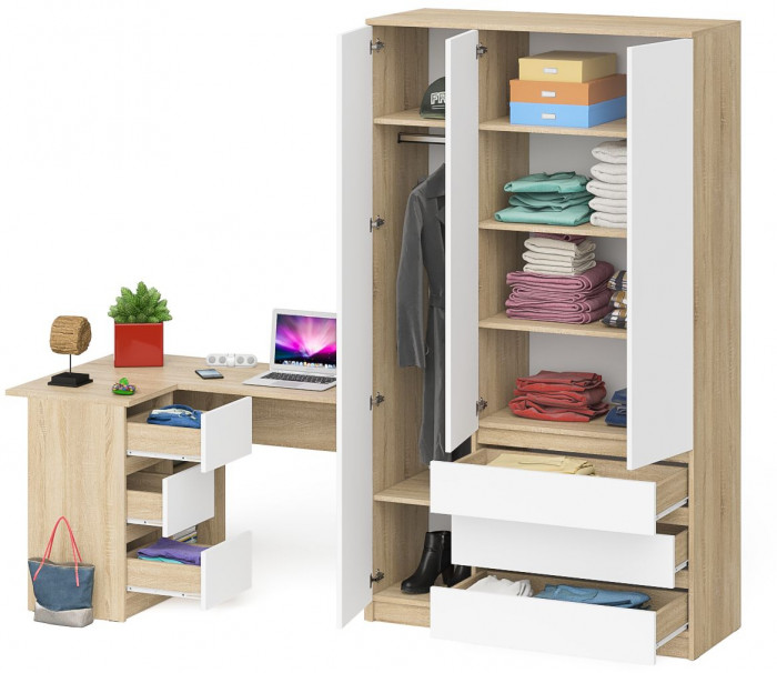 Мори компьютерный стол МС-16 левый + Шкаф МШ1200.1, дуб сонома/белый