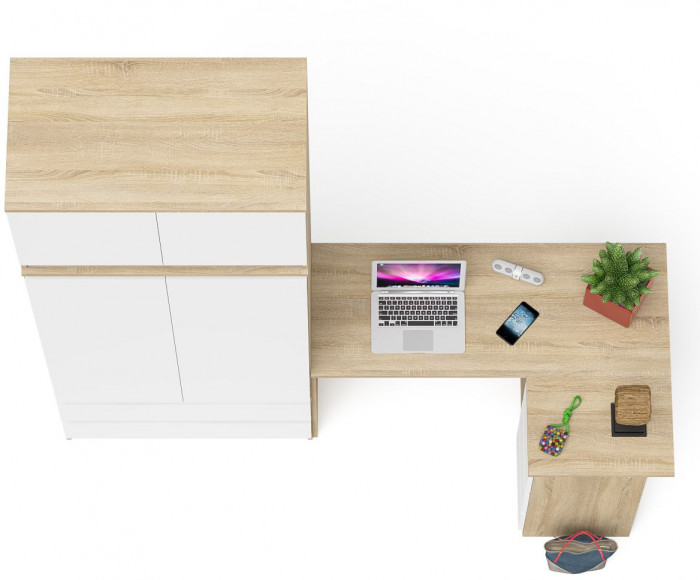 Мори компьютерный стол МС-16 правый + Шкаф МШ900.1 + Антресоль МА900.1, дуб сонома/белый