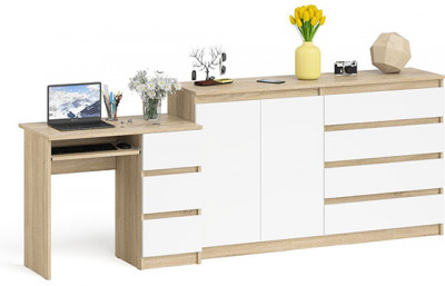 Мори компьютерный стол МС-6 правый + Комод МК1600.1, дуб сонома/белый