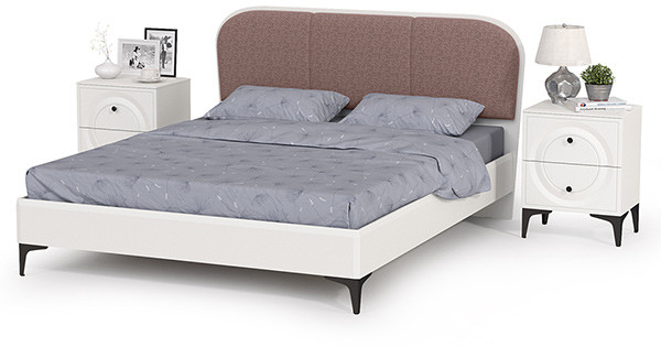 Валенсия Спальня 11.36.02 Кровать + ортопед + две Тумбы, цвет ЛДСП белый шагрень/МДФ бел шагр/ткань велутто 19, ШхГхВ 278х204х103,8 см, 1600х2000, б/м