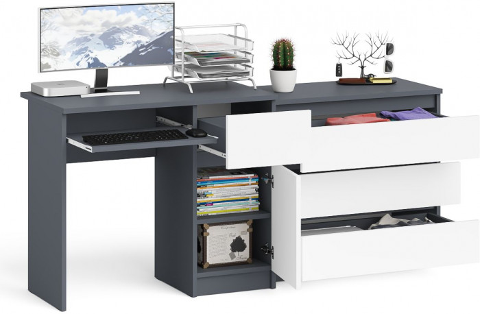 Мори компьютерный стол МС-1 правый + Комод МК800.1, графит/белый