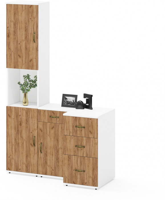 Лидер-8 Пенал + Тумба МД 3.15 + Тумба МД 3.16, цвет белый шагрень/крафт золото, ШхГхВ 120х50х190 см., универсальная сборка