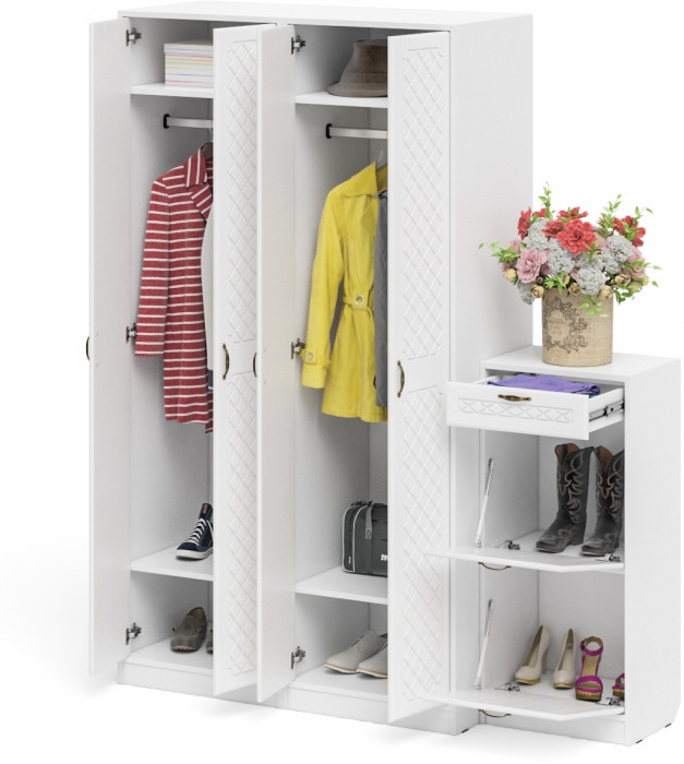 Прихожая П-6 Компоновка № 13, белая шагрень/фасады МДФ белое дерево фрезеровка ромб