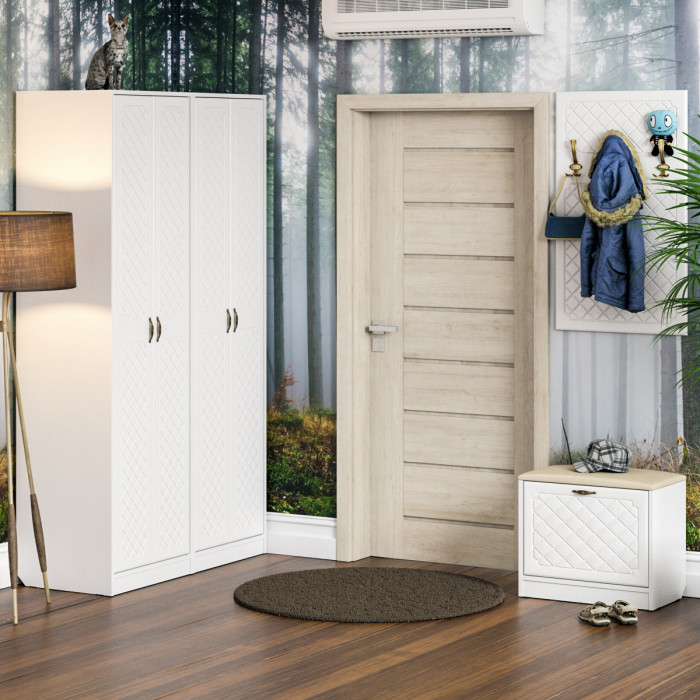 Прихожая П-6 Тумба, белая шагрень/фасады МДФ белое дерево фрезеровка ромб