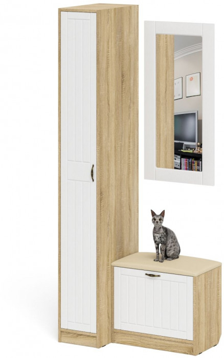 Прихожая П-6 Компоновка № 40, цвет дуб сонома/фасады МДФ белое дерево фрезеровка прованс, ШхГхВ 90х50х210 см., универсальная сборка