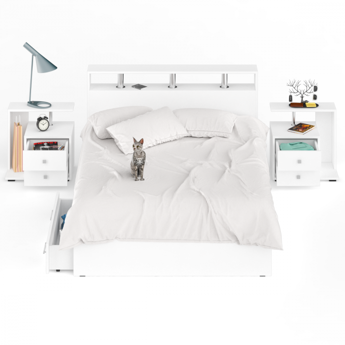 Камелия Кровать с ящиками 1400 + две тумбы, белый