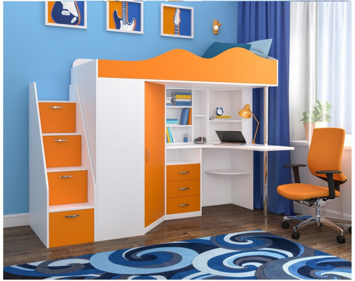 Кровать-чердак Пионер 1 (Белое дерево/Ясень Анкор темный)