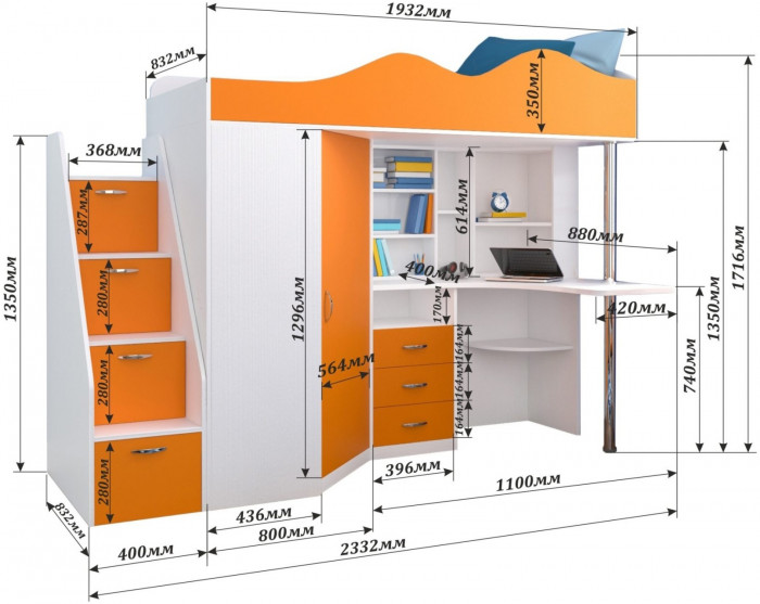 Кровать-чердак Пионер 1 (Белое дерево/Ясень Анкор темный)