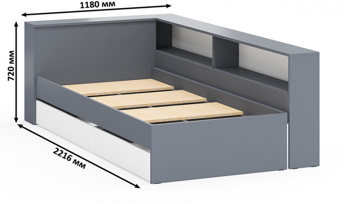 Ксения Кровать с ящиками 0900 + прикроватный блок + Столик с подсветкой Сура, графит/белый