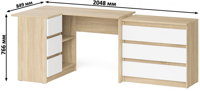 Мори компьютерный стол МС-16 левый + Комод МК800.1, дуб сонома/белый