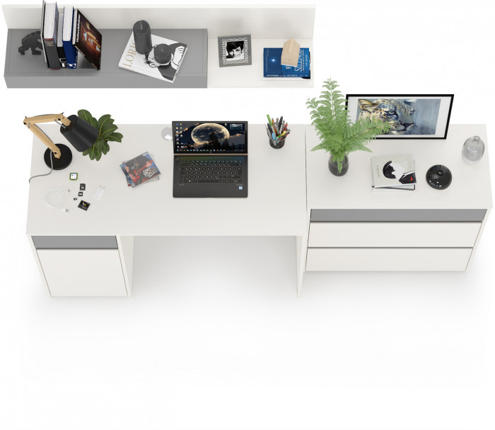 Торонто 12.149 Стол + 13.321 Комод + 16.475 Полка, белый шагрень/стальной серый