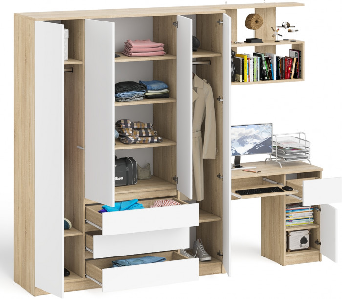 Мори Стол компьютерный МС-1 правый + Шкаф МШ1600.1 + Полка 900, цвет дуб сонома/белый, ШхГхВ 250,4х50,4х209,6 см., НЕ универсальная сборка