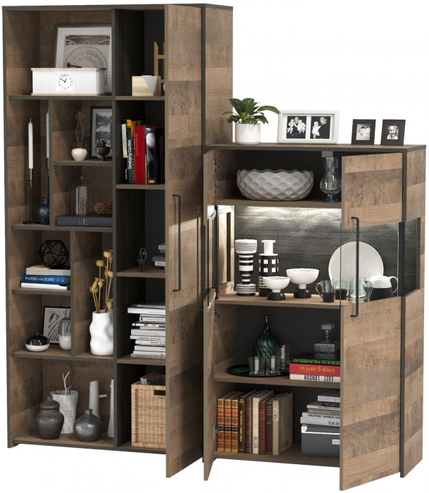 Трувор 13.206 Шкаф-стеллаж + 13.306 Комод с витриной, цвет дуб гранж песочный/интра, ШхГхВ 178,8х37х194,2 см., универсальная сборка