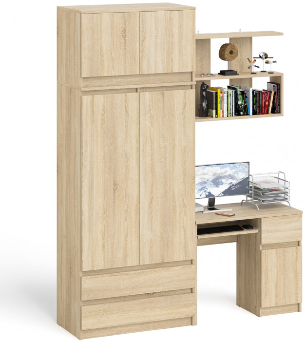 Мори компьютерный стол МС-1 правый + Шкаф МШ900.1 + Антресоль МА900.1 + Полка 900, дуб сонома