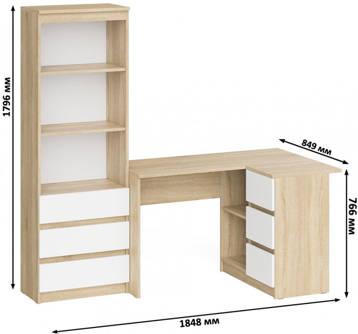 Мори компьютерный стол МС-16 правый + Стеллаж МСТ600.3, дуб сонома/белый