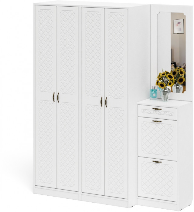 Прихожая П-6 Компоновка № 14, белая шагрень/фасады МДФ белое дерево фрезеровка ромб