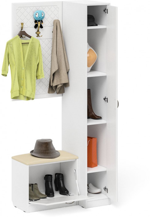 Прихожая П-6 Компоновка № 41, белая шагрень/фасады МДФ белое дерево фрезеровка ромб