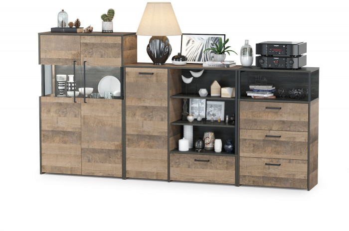 Трувор 13.307.01 Комод + 13.306 Комод с витриной + 13.307.02 Комод с ящиками, дуб гранж песочный/интра