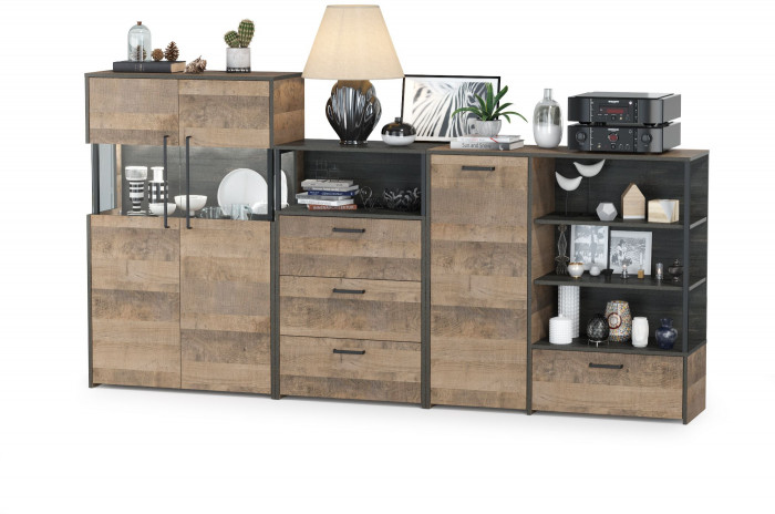 Трувор 13.307.01 Комод + 13.306 Комод с витриной + 13.307.02 Комод с ящиками, дуб гранж песочный/интра