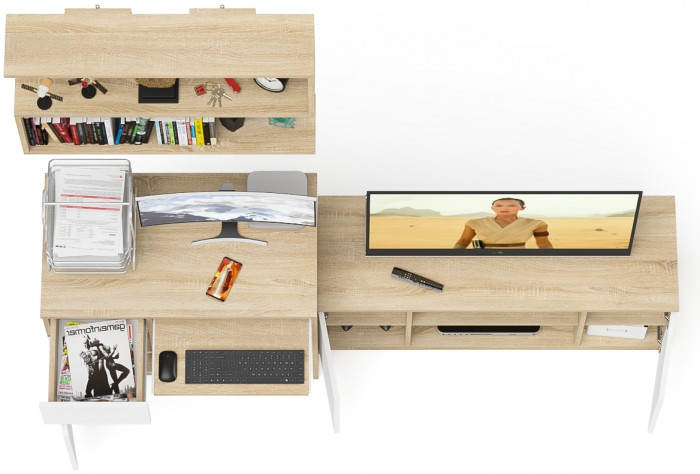 Мори Стол компьютерный МС-1 левый + Тумба МТВ1200.1 + Полка 900, цвет дуб сонома/белый, ШхГхВ 210,4х50х209,6 см., НЕ универсальная сборка