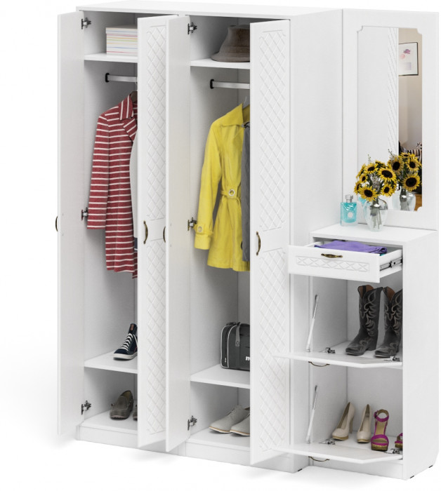 Прихожая П-6 Компоновка № 14, цвет белая шагрень/фасады МДФ белое дерево фрезеровка ромб, ШхГхВ 170х50х210 см., универсальная сборка