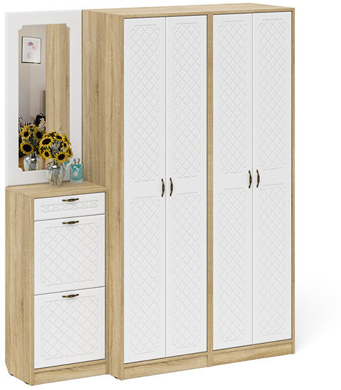 Прихожая П-6 Компоновка № 14, дуб сонома/фасады МДФ белое дерево фрезеровка ромб