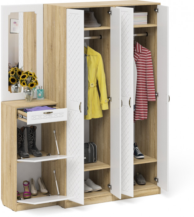 Прихожая П-6 Компоновка № 14, дуб сонома/фасады МДФ белое дерево фрезеровка ромб